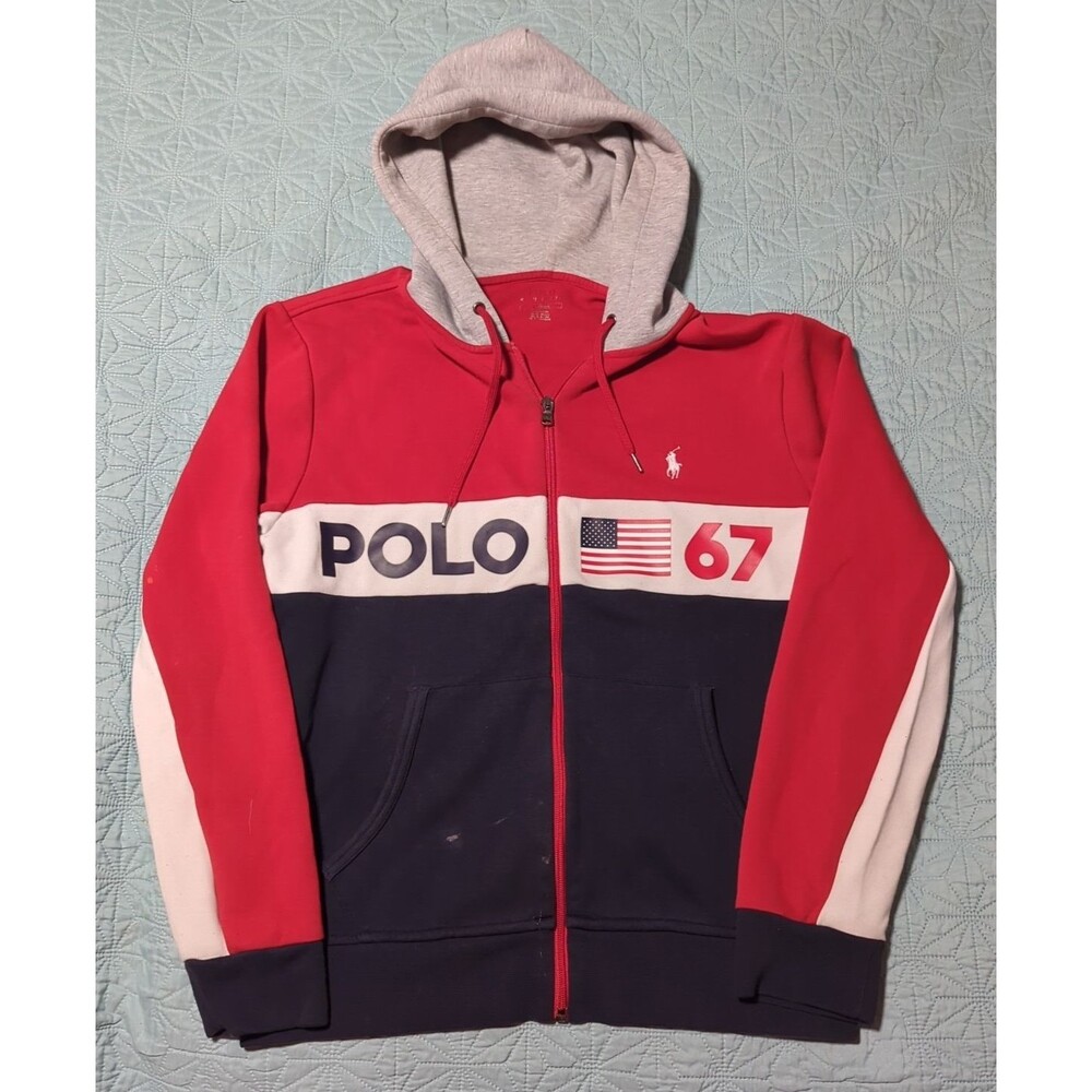 Polo Ralph Lauren Sz M Full Zip Color Block Flag Pony Logo Hooded Track Jacket